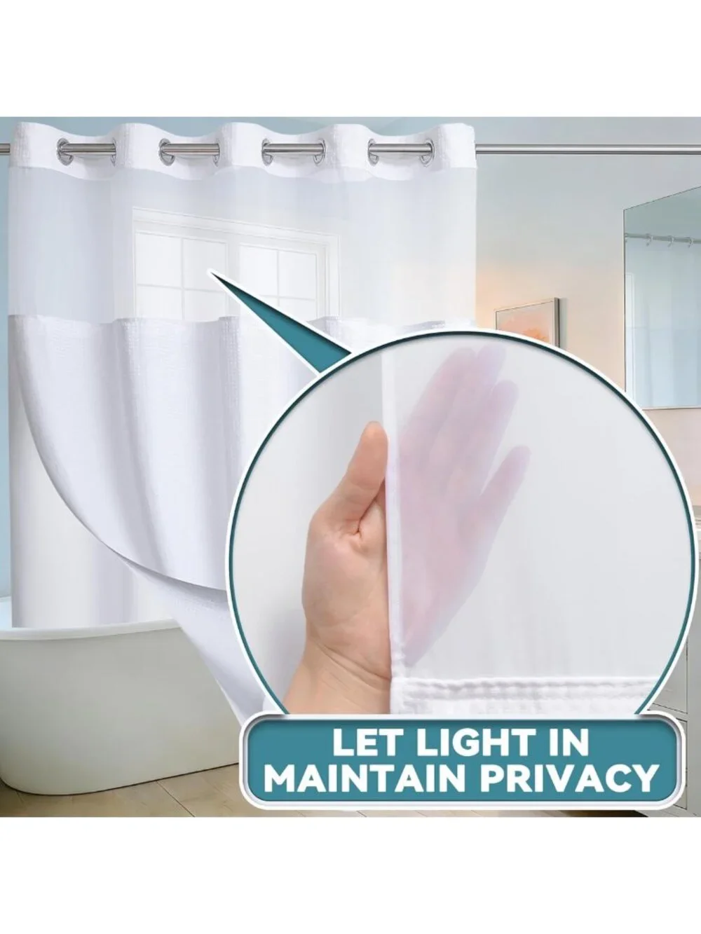 Extra Wide Waterproof Waffle Weave Shower Curtain Set with Snap-in Liner, 108x74